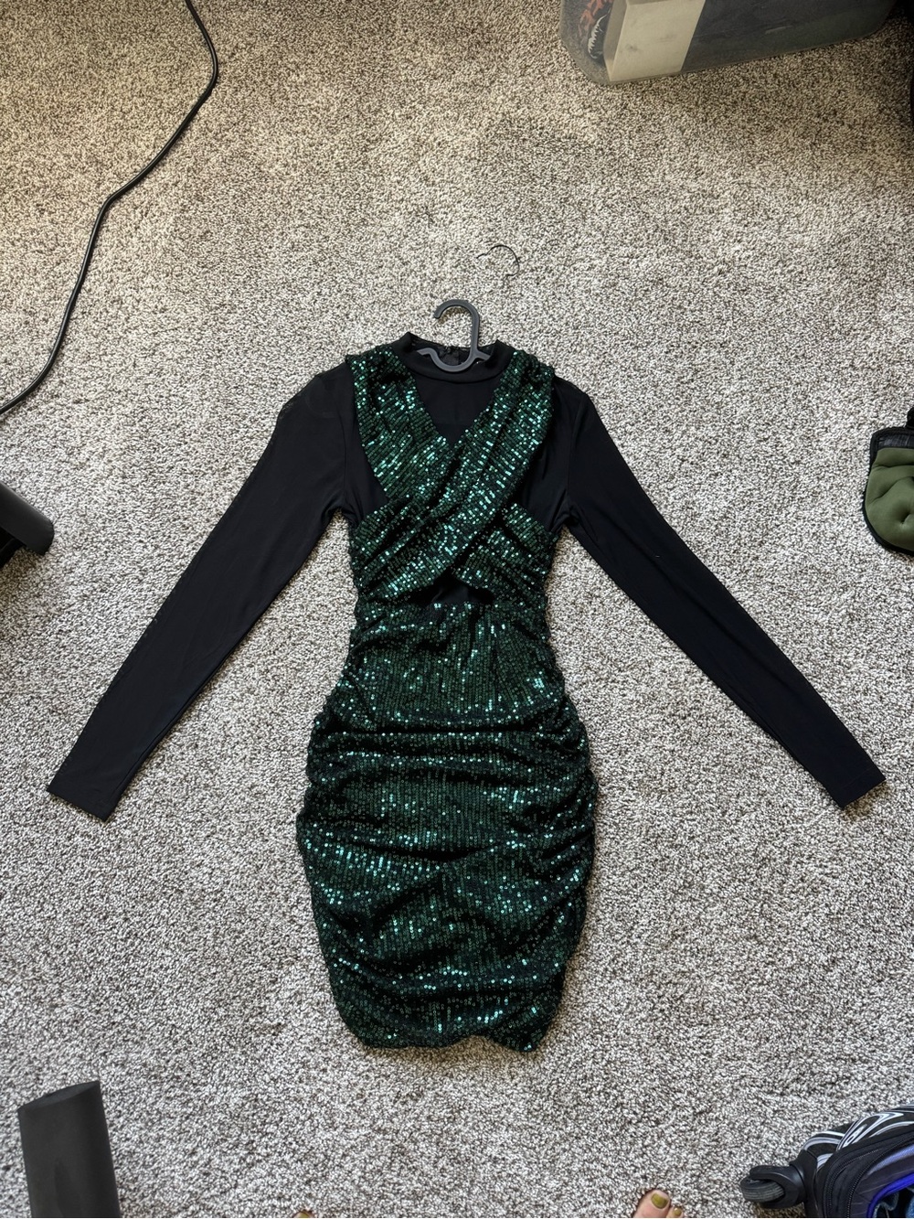 privy Black Long-Sleeve Dress with Emerald Green Sequins